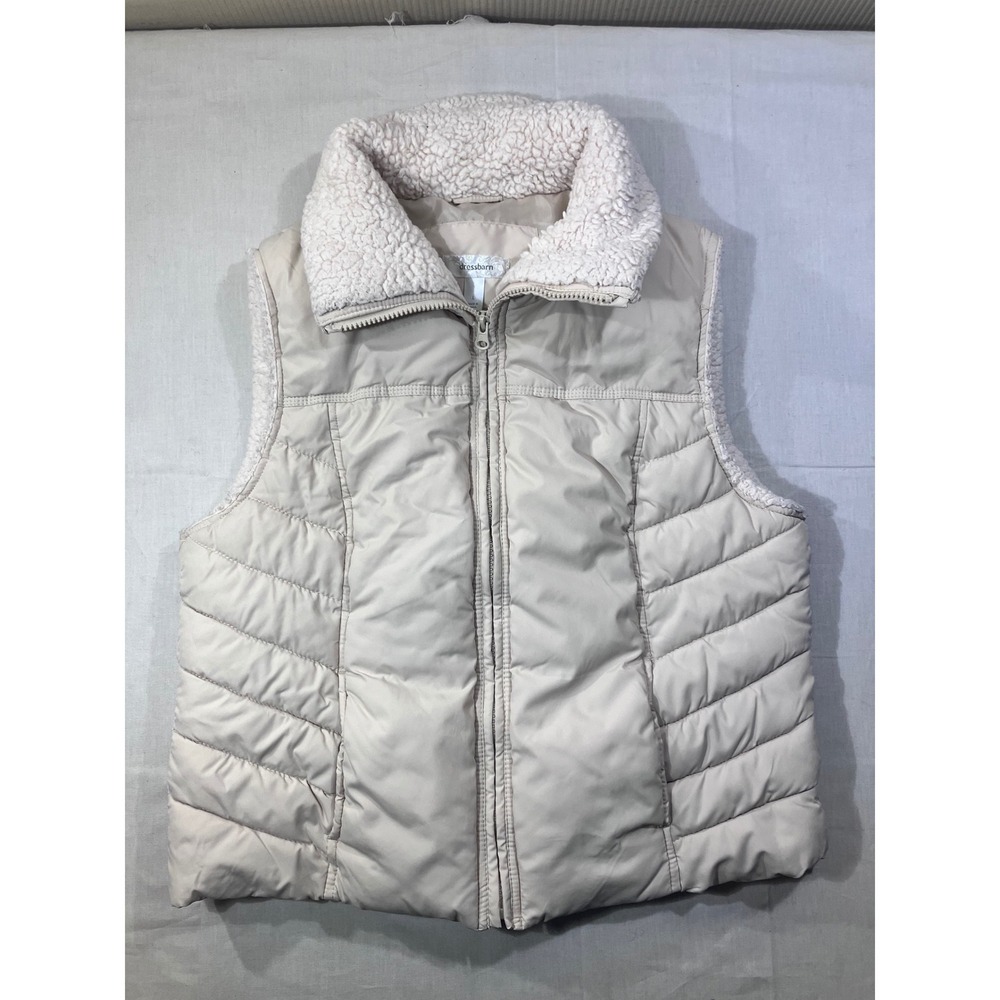 Dressbarn Women's Vest Sz L Beige Quilt Sherpa Lined Puffer‎ Sleeveless Full Zip